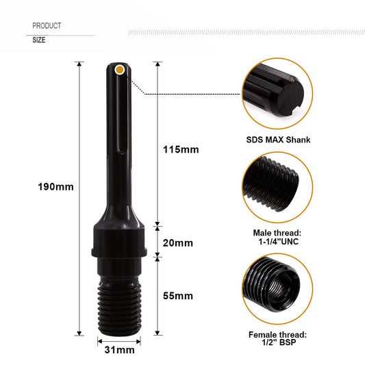 Diashark 1 1/4"-7 UNC Male Thread(Include 1/2 BSP Female Thread)to SDS MAX Shank
