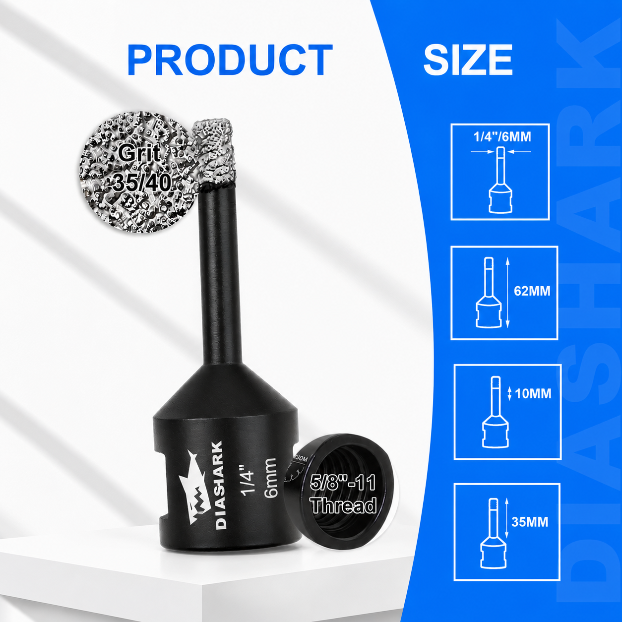 DIASHARK 2pcs 6/8/10/13/16mm 5/8''-11 Diamond Core Drill Bits for Porcelain Tile Ceramic Granite