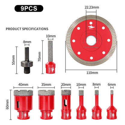 Diashark 9pcs 6-40mm Diamond Drill Core Bits Kit Saw Blade Grinding Rod Set with Box for Tile Porcelain Granite Marble