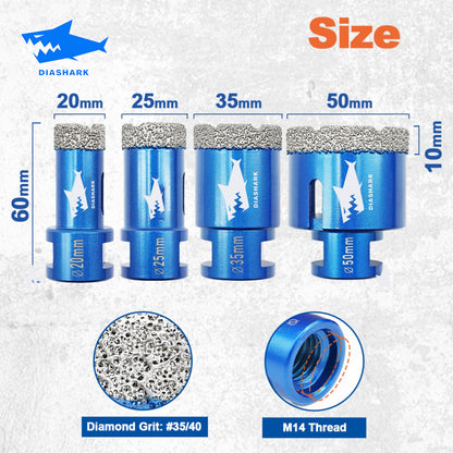 DIASHARK 4pcs 20/25/35/50mm M14 Diamond Core Drill Bits for Porcelain Tile Granite