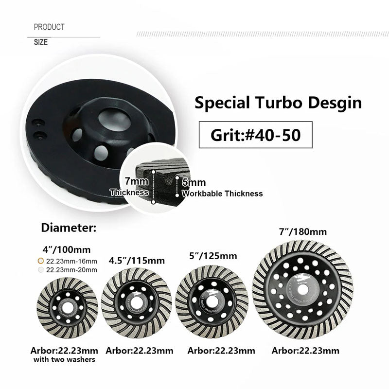 Diashark 5"/7"Turbo Row Diamond Grinding Cup Wheel for Concrete Granite Marble Masonry