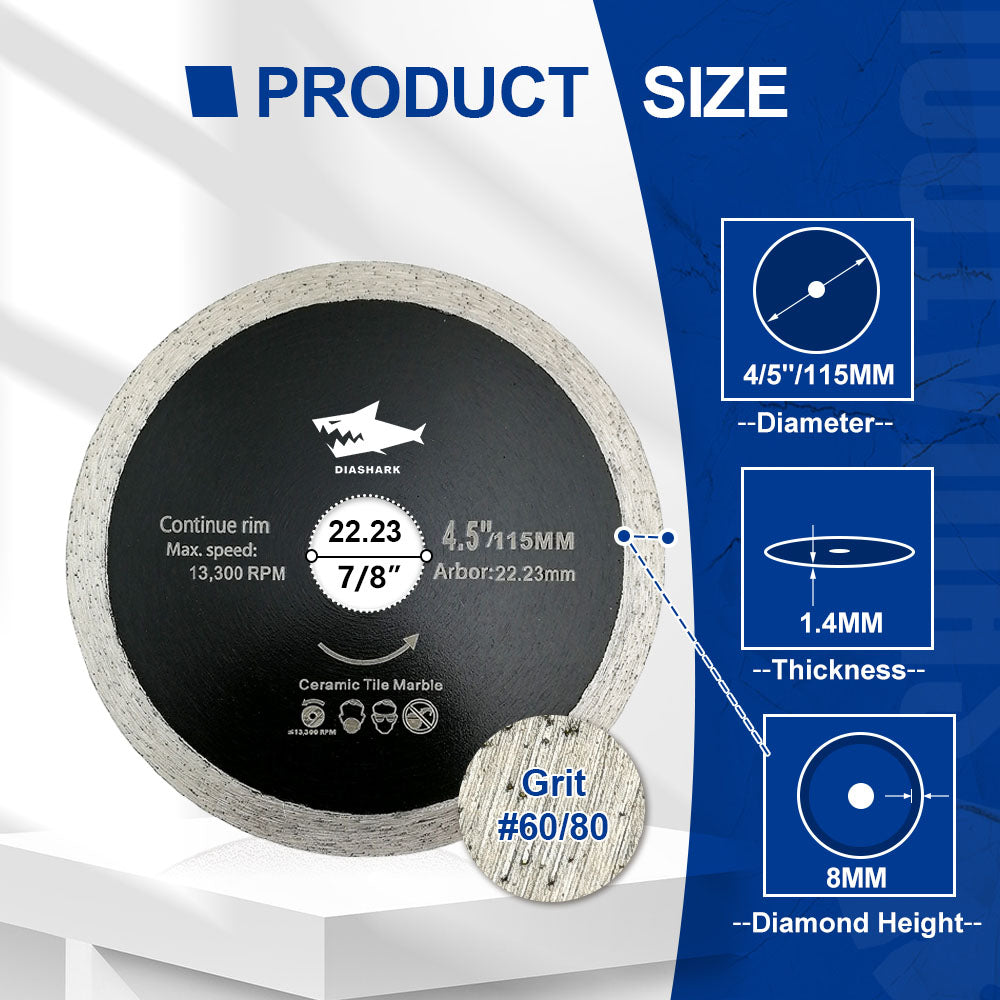 Diashark 4" 4.5"Continuous Rim Diamond Blade Wet cutting Ceramic Tile