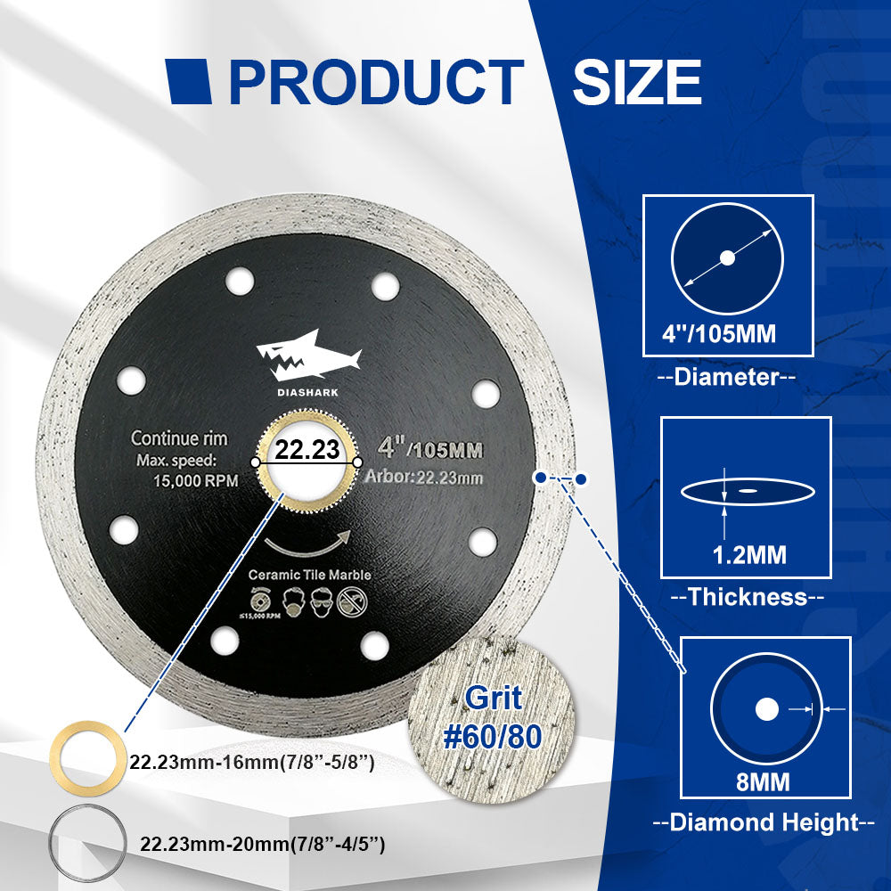 Diashark 4" 4.5"Continuous Rim Diamond Blade Wet cutting Ceramic Tile