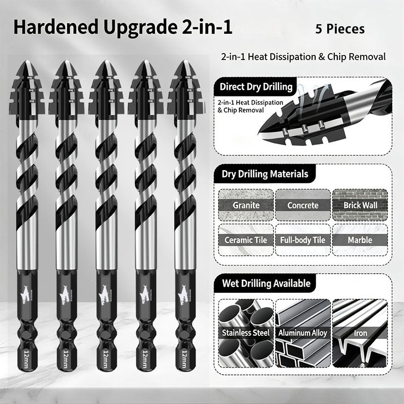 DIASHARK 6/8/10/12mm 5pc Dry Carbide Drill Bit Quick-fit Hex Shank for Porcelain Tile Ceramic Granite Marble Stone Masonry