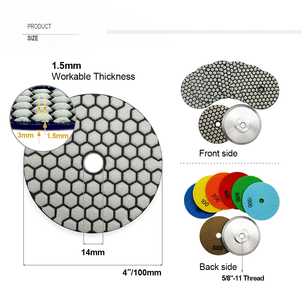 Diashark 4inch Dry Diamond Polishing Pad for Granite 8pcs/set Mixed Grits Plus a Base Backer
