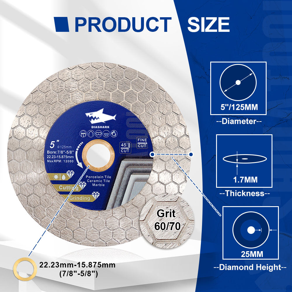 Diashark Saw Blade 5pcs 4/4.5/5 Inchs Cutting Grinding Ceramic Granite Marble