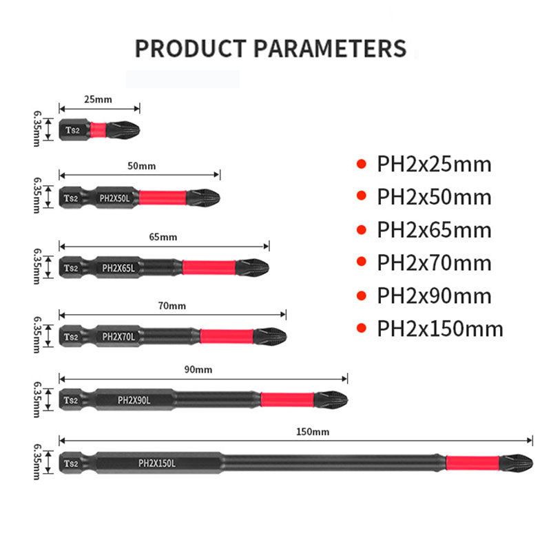 DIASHARK  6PCS 25-150mm Magnetic Phillips Screwdriver Drill Bit Set 1/4" Hex Shank Anti-Slip PH2 Screwdriver Bits 1-6 Inch Length Phillips Head Drill Bits for Impact Driver S2 Steel