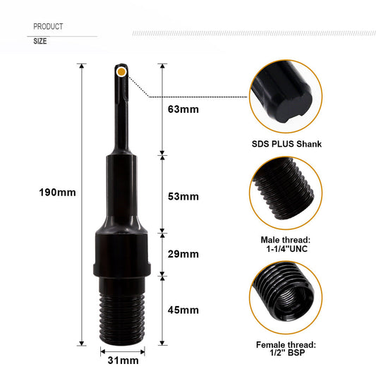 Diashark 1 1/4"-7 UNC Male Thread（Include 1/2 BSP Female Thread）to SDS PLUS Shank