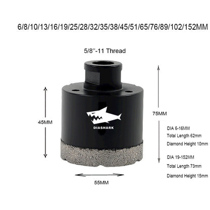 Diashark 6-152MM Diamond Core Drill Bits Porcelain Ceramic Tile Marble Brick1/4 Inch to 6 Inch 5/8-11
