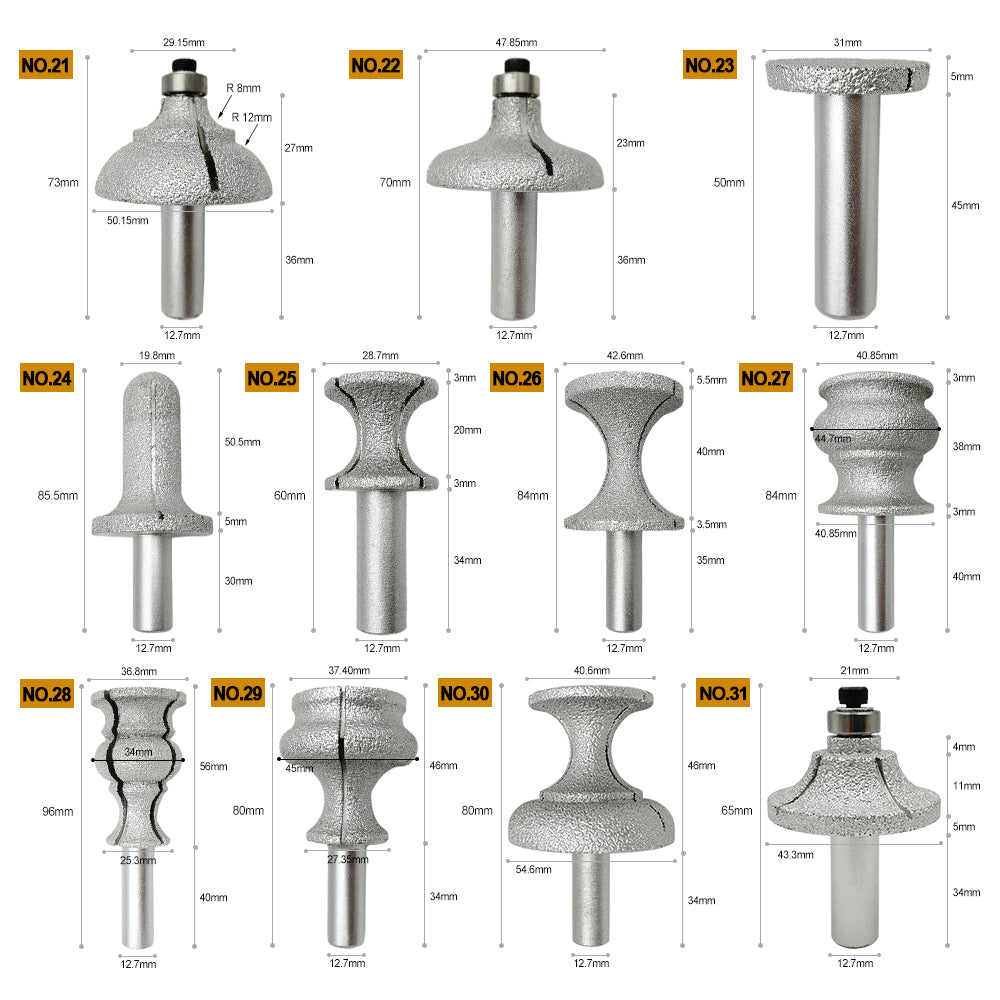 Diashark Diamond Router Bits with 1/2" Shank for Granite Marble 31 sizes 2pcs