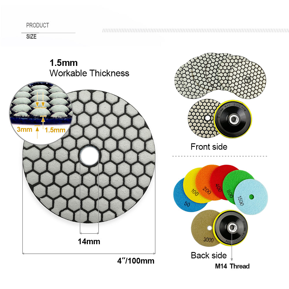 Diashark 4inch Dry Diamond Polishing Pad for Granite 8pcs/set Mixed Grits Plus a Base Backer