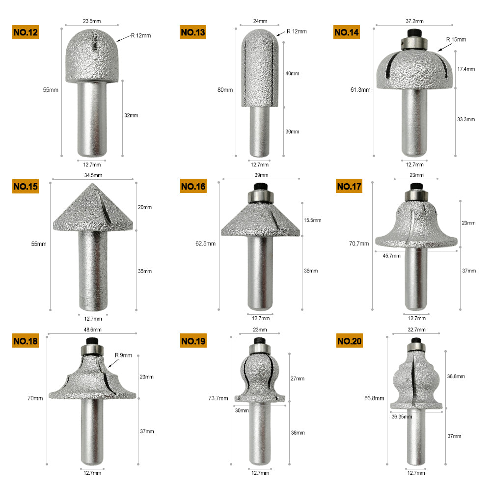 Diashark Diamond Router Bits with 1/2" Shank for Granite Marble 31 sizes 2pcs