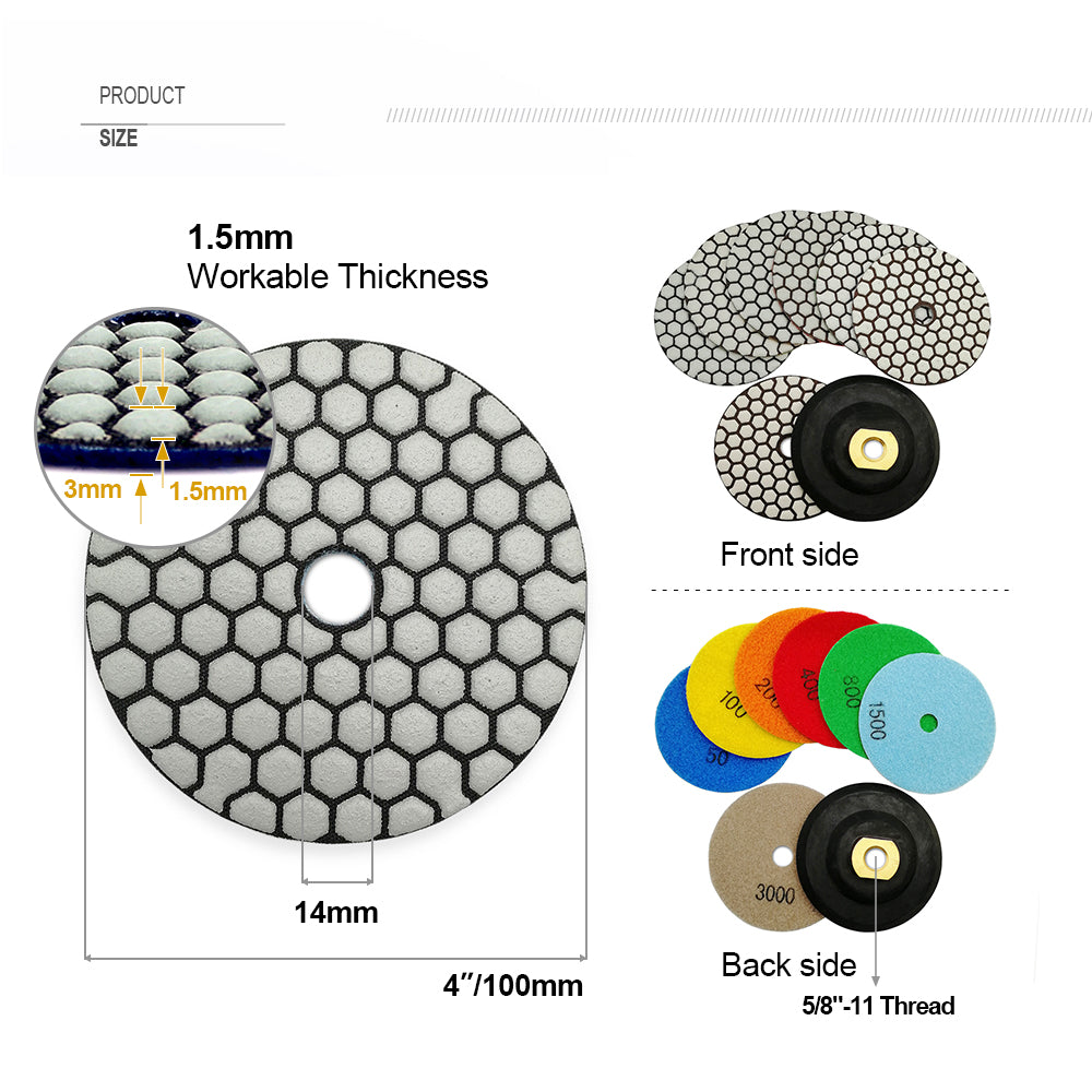 Diashark 4inch Dry Diamond Polishing Pad for Granite 8pcs/set Mixed Grits Plus a Base Backer