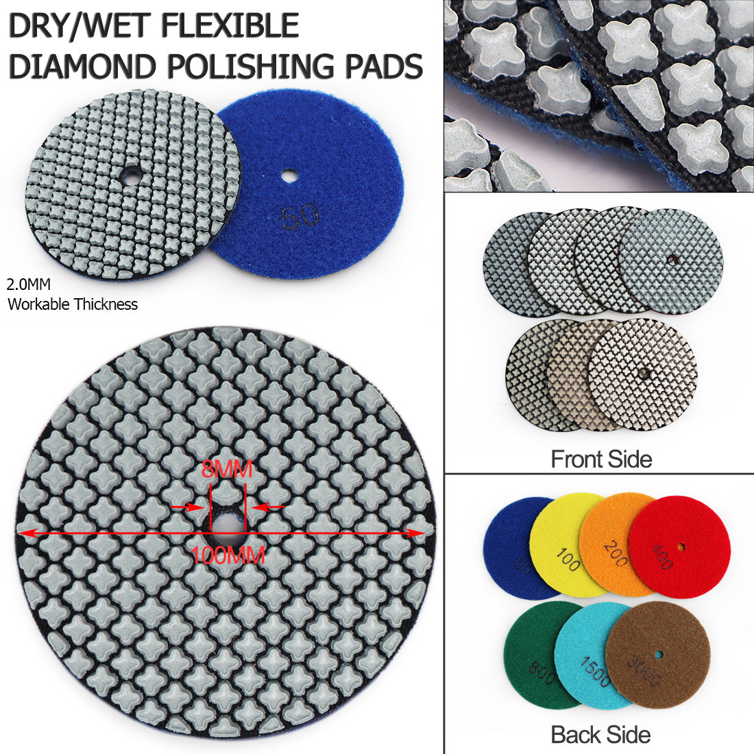 DIASHARK 7pcs 4" #50-3000 Grit Super Diamond Wet/Dry Resin Polishing Pads for Granite Marble