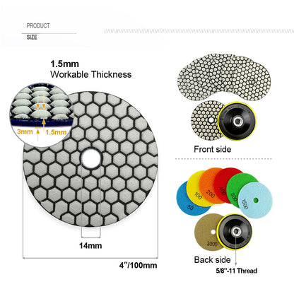 Diashark 4inch Dry Diamond Polishing Pad for Granite 8pcs/set Mixed Grits Plus a Base Backer