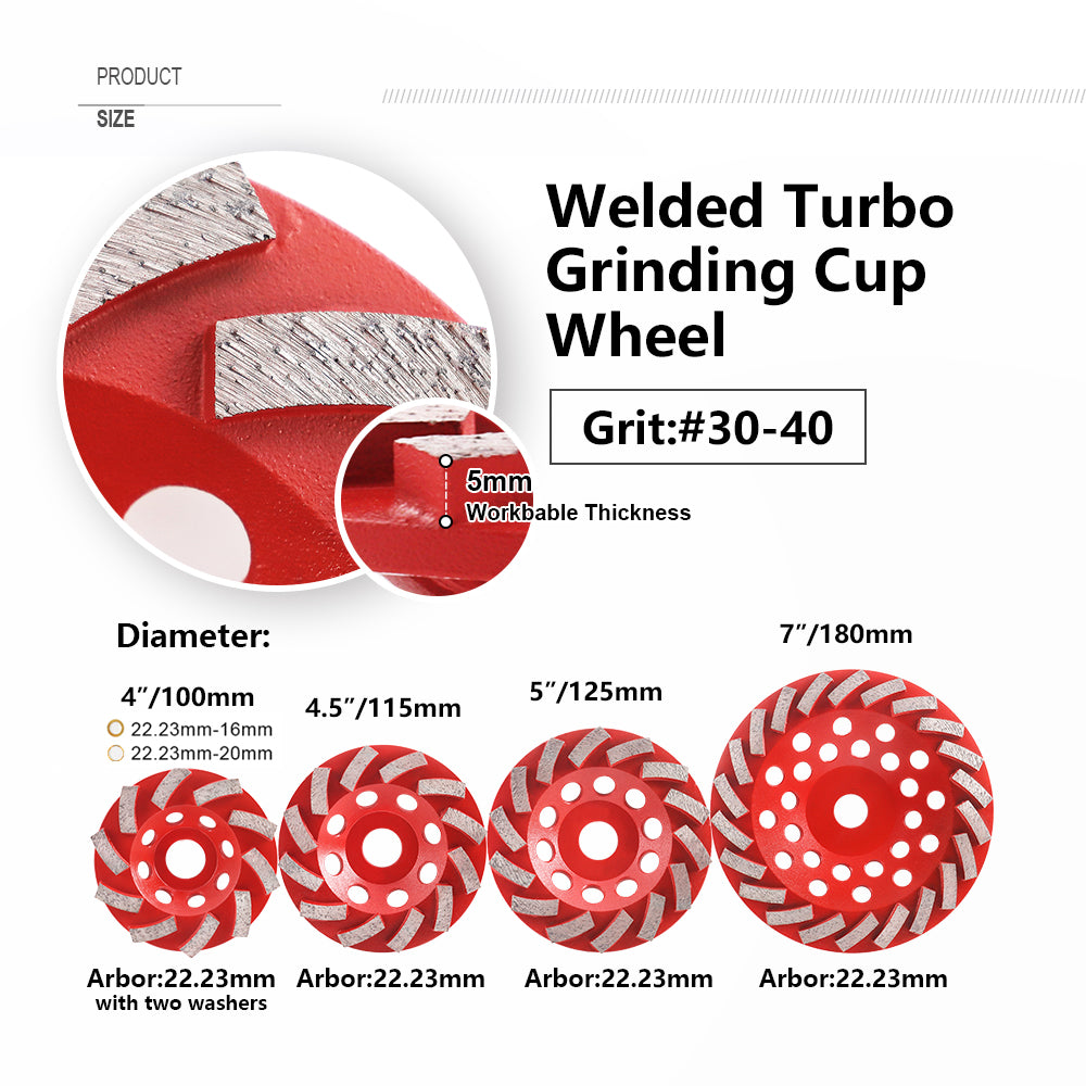Diashark Concrete Turbo Row Diamond Grinding Cup Wheel Hard Masonry Marble Weld Turbo Cup Disc Fits 7/8 Inch Arbor from 4" to 7"