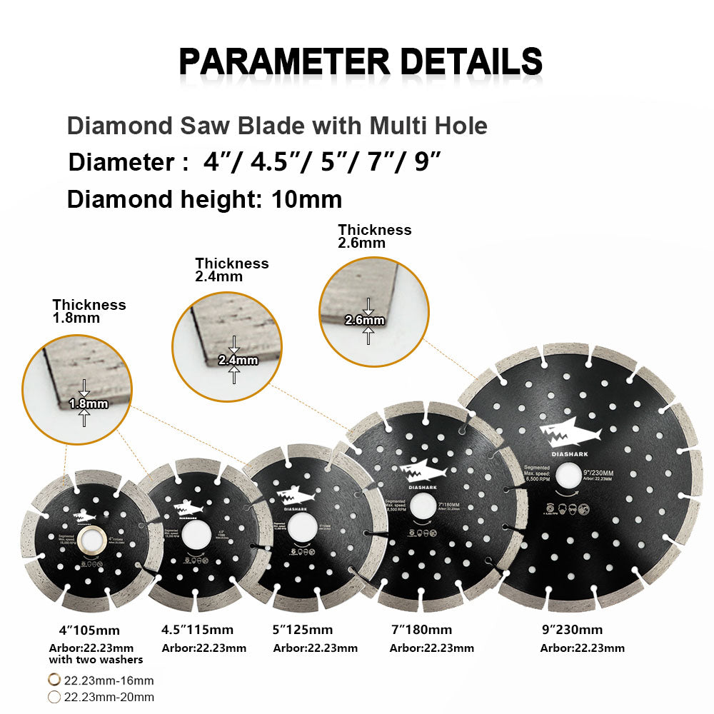 Diashark Concrete Diamond Segmented Saw Blade with Multi Holes Cutting Granite Marble