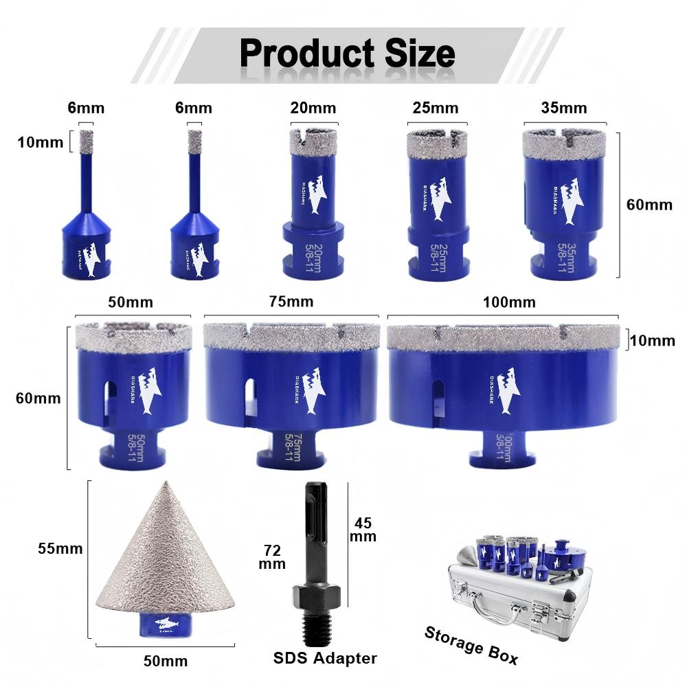 Diashark 10pcs  6-100mm Diamond Drill Core Bit for Porcelain Granite Marble